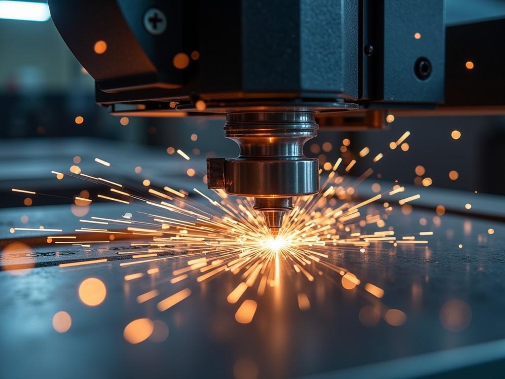 This image shows the CNC laser cutting of metal, showcasing modern industrial technology in action. The laser cutter is focused sharply, creating a stunning display of sparks as it melts and cuts through the metal. The background is softly blurred, providing depth and highlighting the precision of the laser beam. The shiny metal reflects the light, adding to the dynamic atmosphere of the workshop. The intricate details of the component being cut are just visible, indicating the advanced capability of the equipment in use.