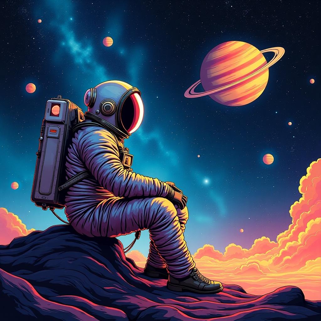 Artwork depicts an astronaut gazing into space. Colorful nebulas and planets fill the background. Dominant colors are blue and orange, giving a vibrant feel. Style is reminiscent of 70s manga. Evokes feelings of wonder and adventure in the cosmos.