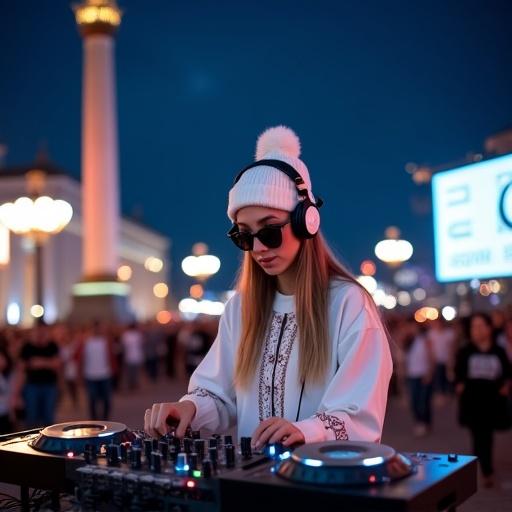 A young woman DJing outdoors at night in a city square. She wears a white traditional embroidered blouse. She has a white pom-pom beanie and sunglasses. Her hands are on the DJ mixer and turntable. The background has a large illuminated screen and street lights. The scene is bright with urban lights in blue and red tones. medium shot of the scene.