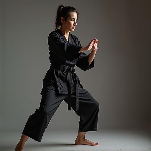 Image features mature woman in karate outfit. She demonstrates an attack stance showing her sole. Background is soft and neutral. Lighting highlights the subject.