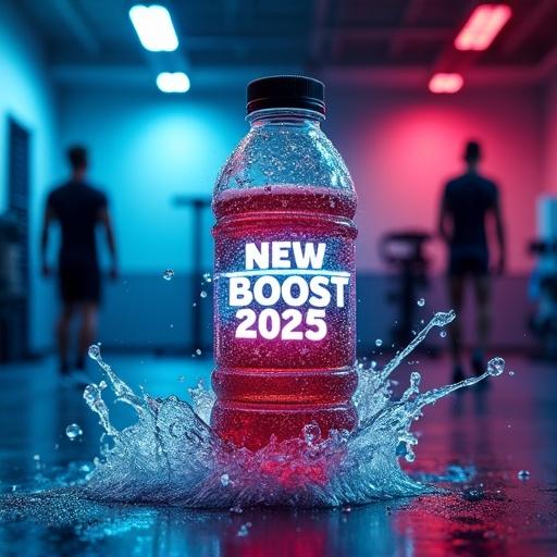 Vertical cinematic scene of sleek sports drink bottle with condensation rotating in mid-air. Splashing cold water surrounds the bottle. Futuristic text 'NEW BOOST 2025' appears with light trails. Intense gym background with blue and red neon lights, blurred athletes in motion. High-speed camera style.