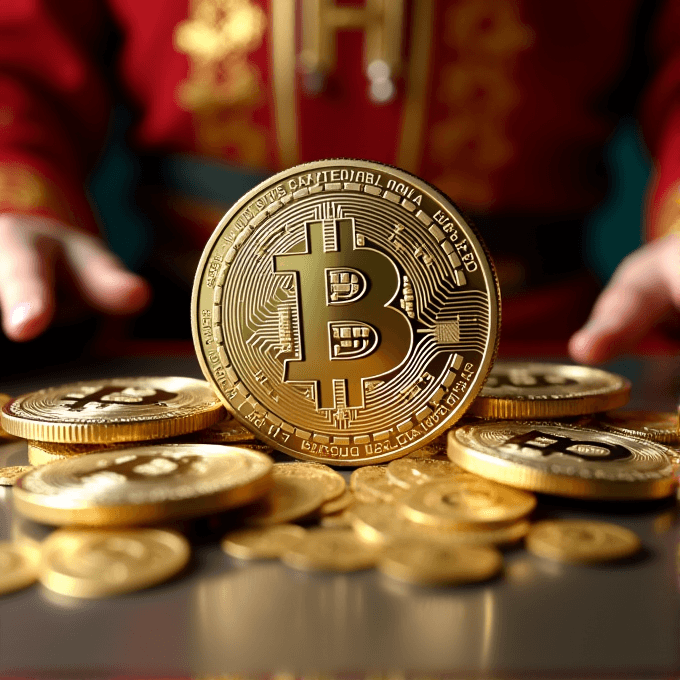 A large Bitcoin coin surrounded by smaller coins, with a person in a red robe in the background.