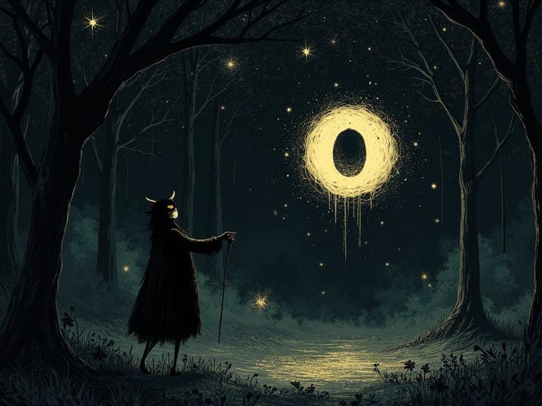 A mystical creature stands in a dark forest under a glowing moon. The creature has sparkling eyes and holds a staff. The scene is atmospheric and magical, reminiscent of dark fairy tales.