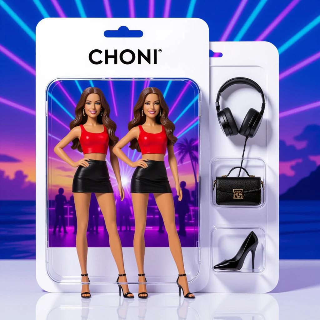 Diagonal view of a CHONI toy package. Transparent blister pack shows a full-body figure. Figure has tanned skin, long brown hair. Wearing a red top, black miniskirt, black high heels. Background with tropical beach at sunset and nightclub neon lights. Accessories include professional headphones, dance pole, vegetable basket, fruit basket, speaker, Spanish flag, Facebook badge. Soft lighting and reflections.