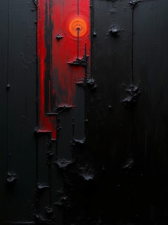 Digital oil painting uses black background. Harsh paint strokes add texture. Cubist elements and unfinished look surface. Flat colors contrast with dynamic shapes. Minimalist style reveals voids resembling film negatives. Shadows blend with cubist edges like film strips. Fungal decay appears in corners.