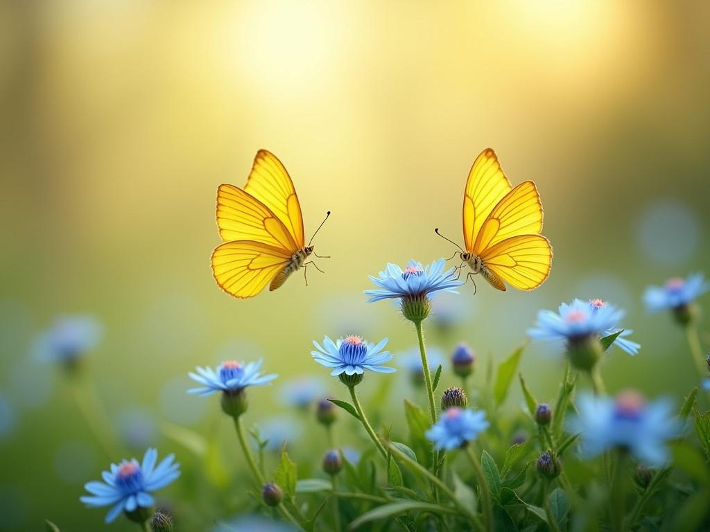 The image depicts a tranquil scene in nature filled with soft, warm colors. Two yellow butterflies flutter gracefully over a cluster of small blue flowers. The background is a dreamy blend of light, creating a bokeh effect that adds to the serene atmosphere. The flowers stand out with their delicate petals, contrasting against the lush green foliage. The overall feeling of the image is peaceful and joyful, as if capturing a moment of beauty and life in a quiet garden.