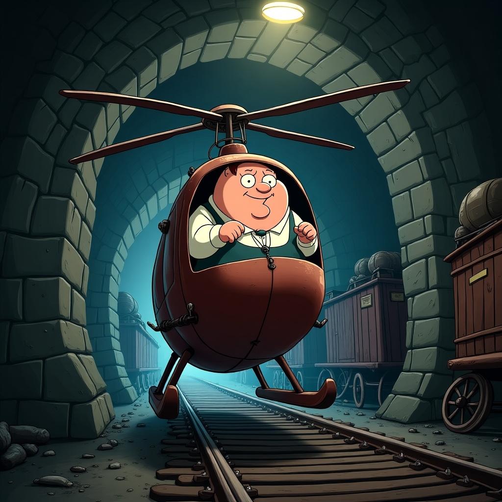 Peter Griffin rides a small helicopter in a dark underground tunnel. The scene features stone archways and wooden carts on the sides.