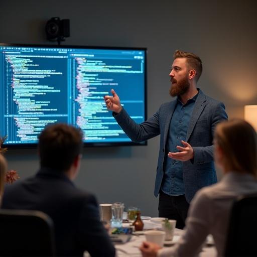 A man presents code on a screen in a meeting room. A group of people listens attentively. The atmosphere is professional and focused.