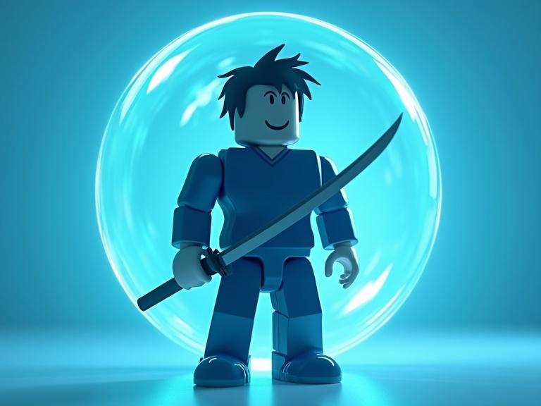 Thumbnail for a Roblox ARPG game. Roblox man stands inside a light blue transparent defense sphere. He holds a katana sword in his right hand. The background is a soft glowing blue. Character has spiky hair and a smiling face.