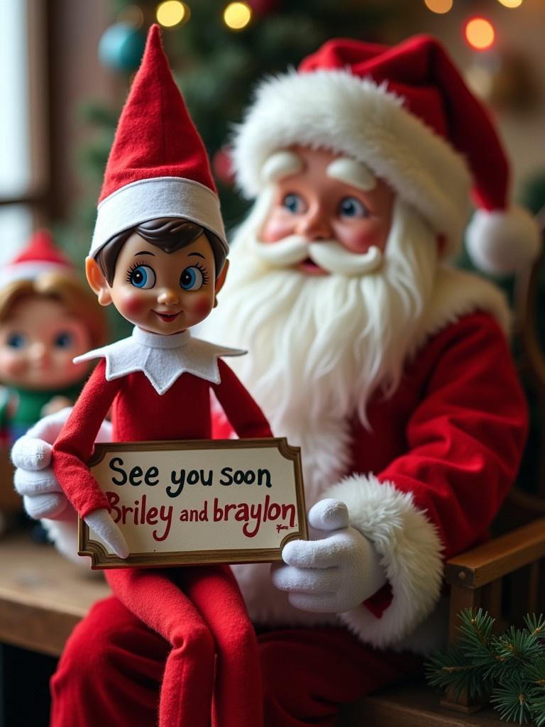 Elf on the shelf wearing a red outfit with white trim. Elf is holding a sign that says ‘See you soon Briley and braylon!'. Santa is sitting beside the elf with a festive background.