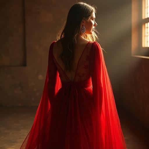 A captivating figure in a transparent dress with a deep red cloak stands full body. The figure has long hair and wears big earrings. The scene features soft and warm light with a powerful yet relaxed atmosphere. The focus is on the detailed attire and striking background.