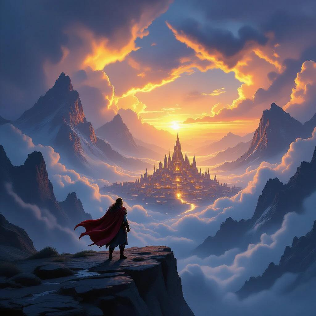 Epic fantasy scene featuring a dramatic sunset over towering mountains A lone hero stands on a cliff overlooking a glowing ancient city in the distance The sky is filled with dynamic clouds and sweeping atmosphere A flowing cape adds motion Richly detailed environment with a cinematic composition