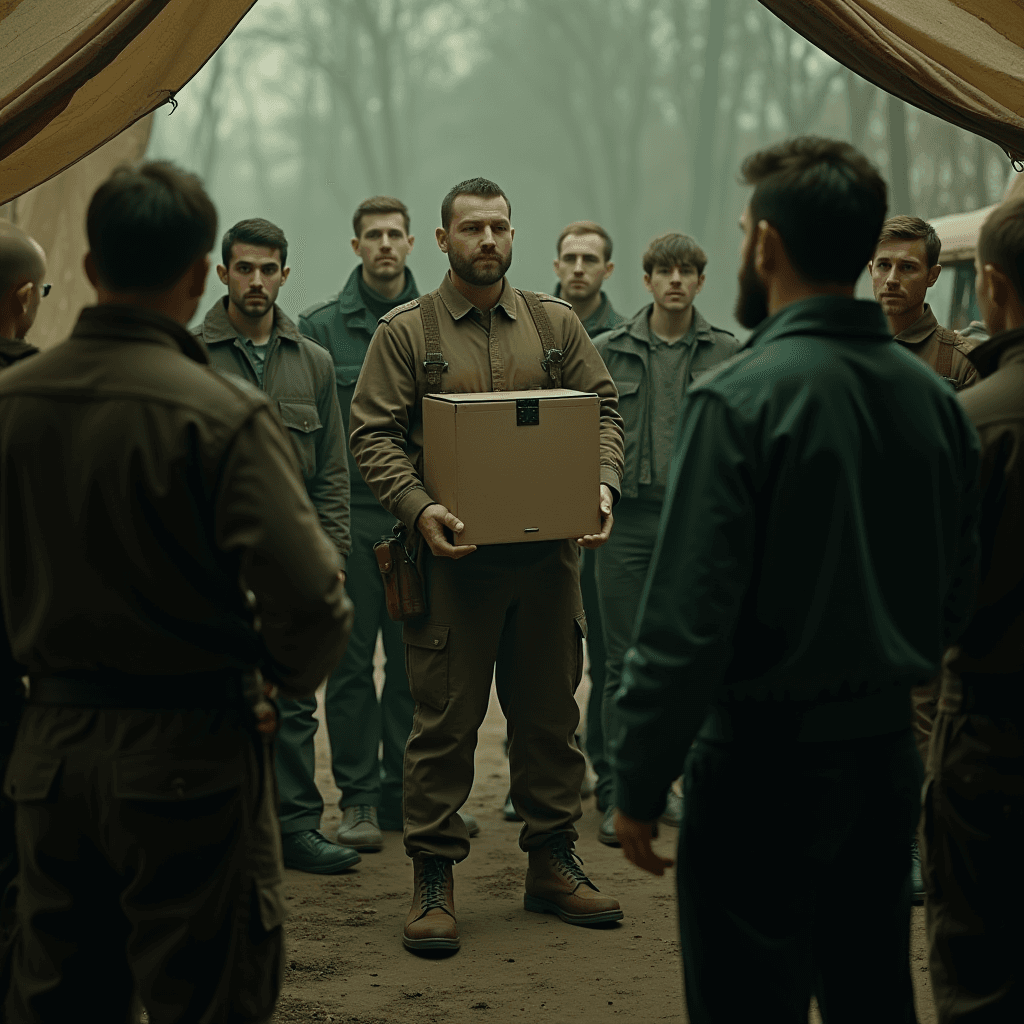 A group of men in military attire stand in a tent, focusing on a man holding a box.