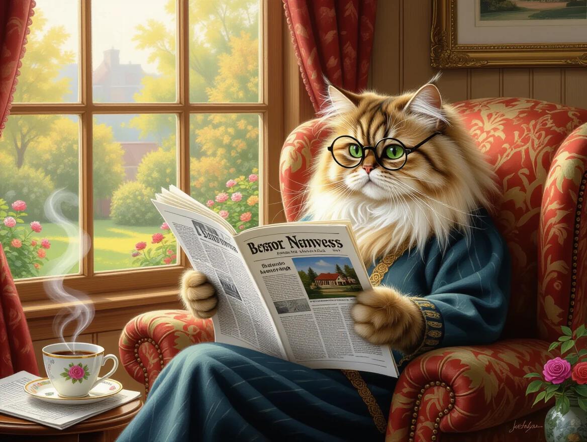 A distinguished Persian cat wears reading glasses. The cat sits in a comfortable armchair while reading a newspaper. Morning coffee steams nearby. A well-maintained garden is visible through the window. The interior shows classic wood paneling. The atmosphere is peaceful. The painting uses traditional oil technique and features warm natural lighting.