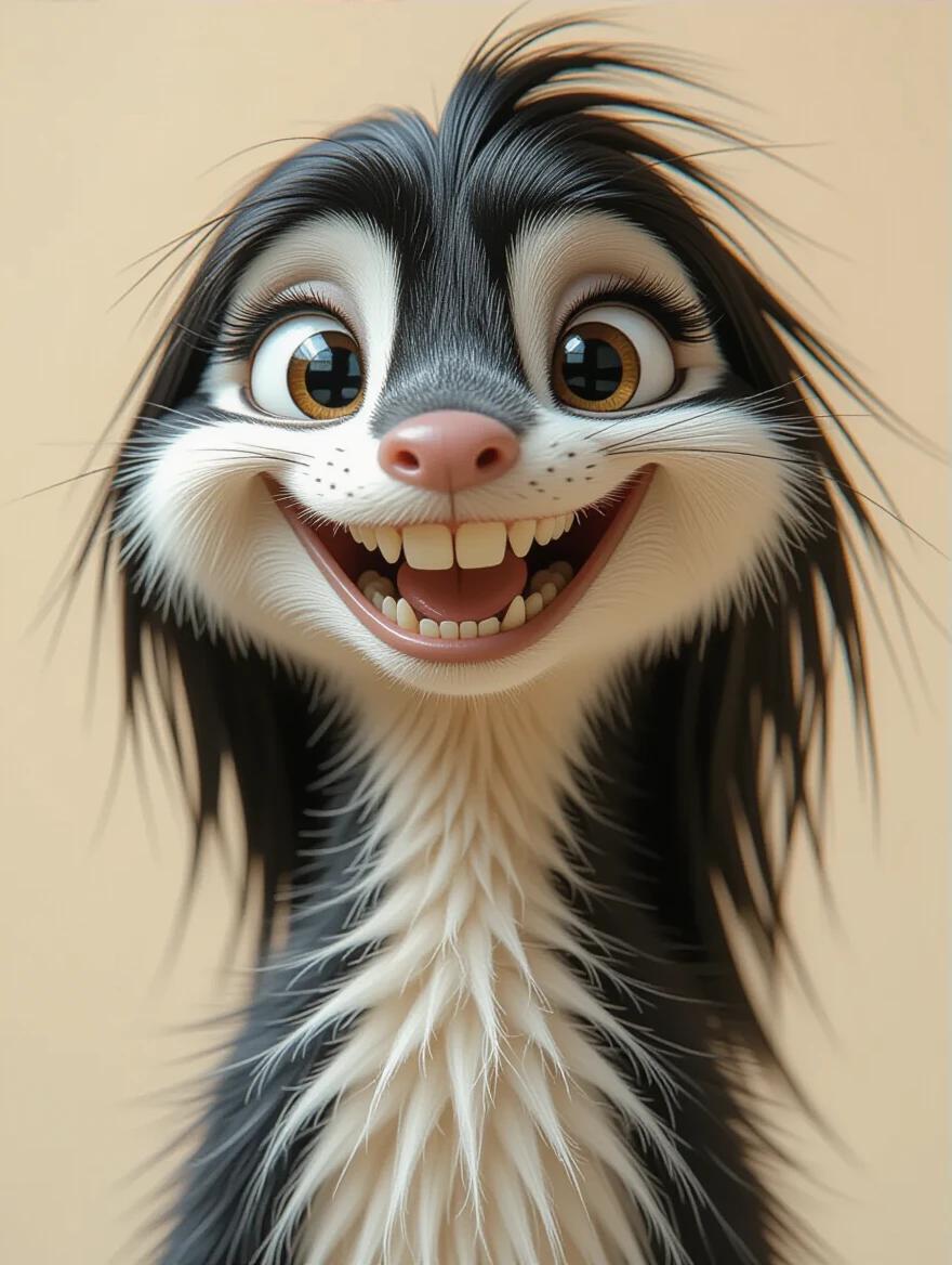 Close-up portrait of a slender dancing creature with a horizontally elongated head and delicate neck. The creature has soft wispy fur and a dazzling smile. It has giant eyes and a toned body. The background offers warm tones with soft lighting.