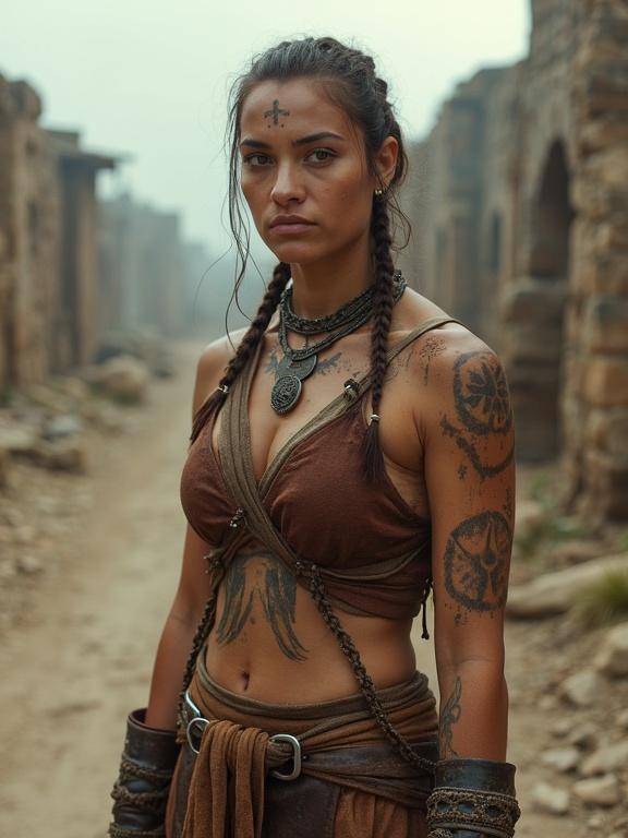 Cinematic portrait of an Iron Age huntress from a reborn civilization. She stands confidently in rebuilt ruins of an ancient city. Layered leather and linen clothing reinforce her. Clan symbols are embroidered in the fabric. She carries a dagger and hatchet with pride. Intricate tattoos trace her arms, chest, and face. Tanned skin, proud expression, braided hair adorned with beads. Behind her are almost fully rebuilt buildings and organized village life. Warm diffuse lighting creates a soft atmosphere.