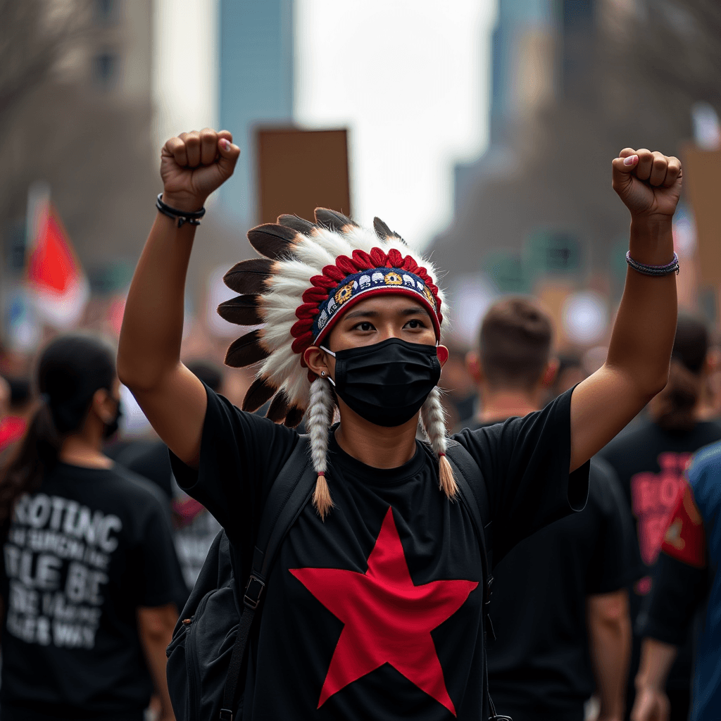 A person wearing a feathered headdress and a mask raises their fists during a vibrant street protest.