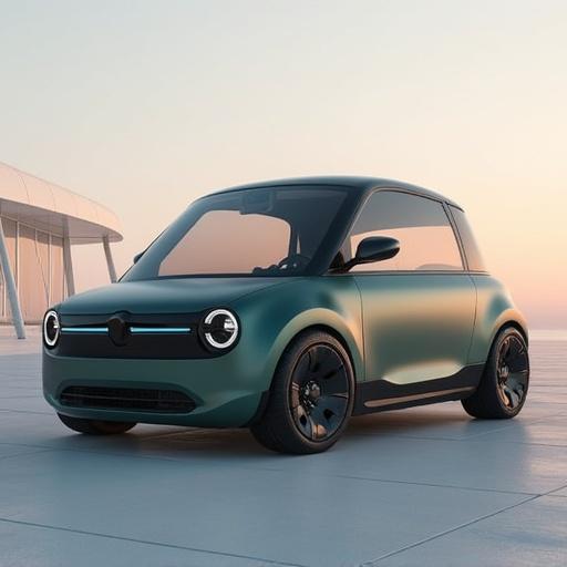 Showcase a 2025 Harbor Crest electric vehicle in a scenic environment. Highlight the neo-retro design features blended with modern elements. Emphasize the flush door handles and aerodynamic shape with a focus on the minimalist grille.
