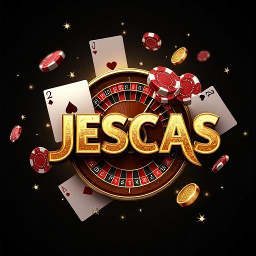 Create a design for a casino-themed T-shirt print featuring the name JESSCAS with casino elements. Use rich colors and sharp edges. Show glossy poker chips, flying playing cards, a spinning roulette wheel, and a slot machine with coins. Ensure a transparent background and a layered composition.