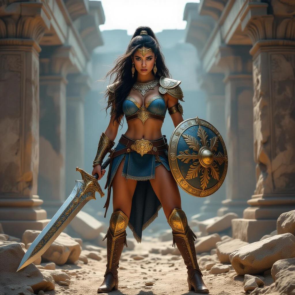 A fierce warrior stands confidently in ancient temple ruins. She wears a denim top and a short skirt with golden armor. In one hand she holds a large sword and in the other a shield. Her long hair flows freely and she has a headpiece. The atmosphere has dust and soft light.