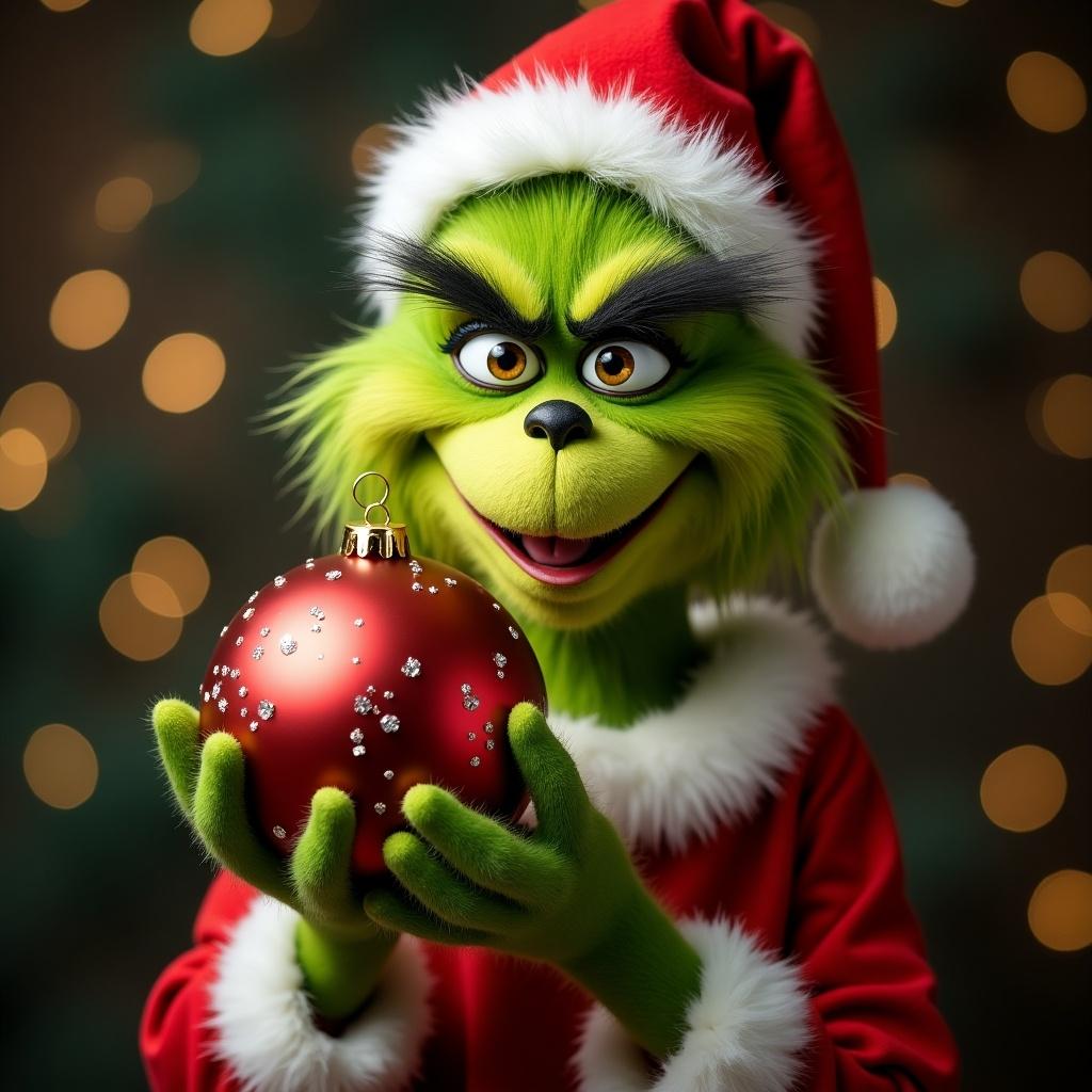 A character resembling the Grinch in a Santa hat holding a shiny Christmas ornament. The background is blurred with twinkling lights. The character has green fur and an expressive, cheerful demeanor.