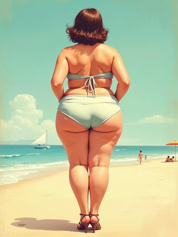 Illustration of a curvy woman at the beach wearing a bikini from a back view. She has wavy hair and wears heeled sandals. The setting is sunny with pastel colors.