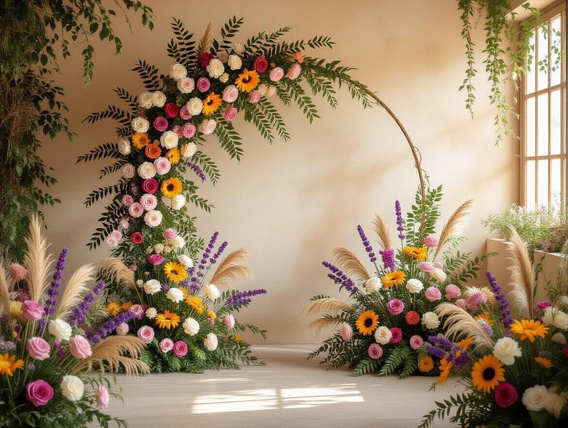 Floral arch in a romantic setting with fresh flowers like roses peonies sunflowers lavender and hydrangeas in warm tones. Organic design with green foliage and natural vines. Warm warm ambient light like sunset or fairy lights. Background features blurred trees or a cozy indoor setting.