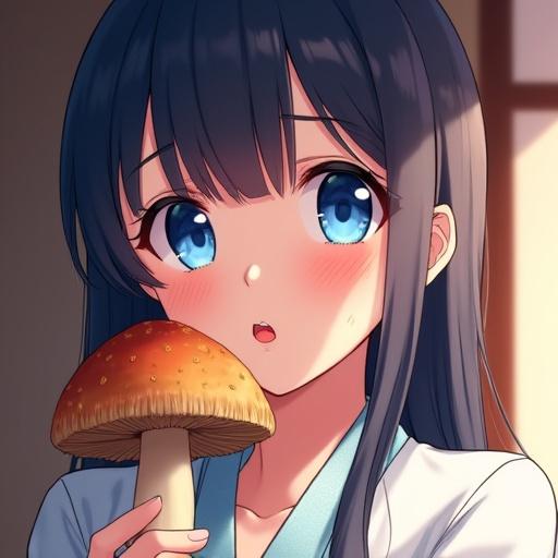 Anime girl portrait with striking blue eyes. Soft lighting in a Japanese-style room. Holding matsutake mushroom and sticking out tongue. Side view expression.