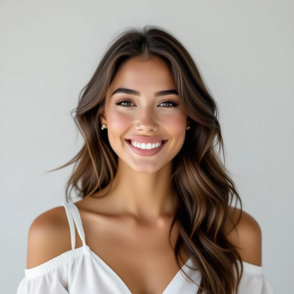 A beautiful woman with long, wavy hair wearing an elegant white top. The background is soft and neutral. Focus on the model's hair and attire. Captivate the essence of modern fashion and beauty.