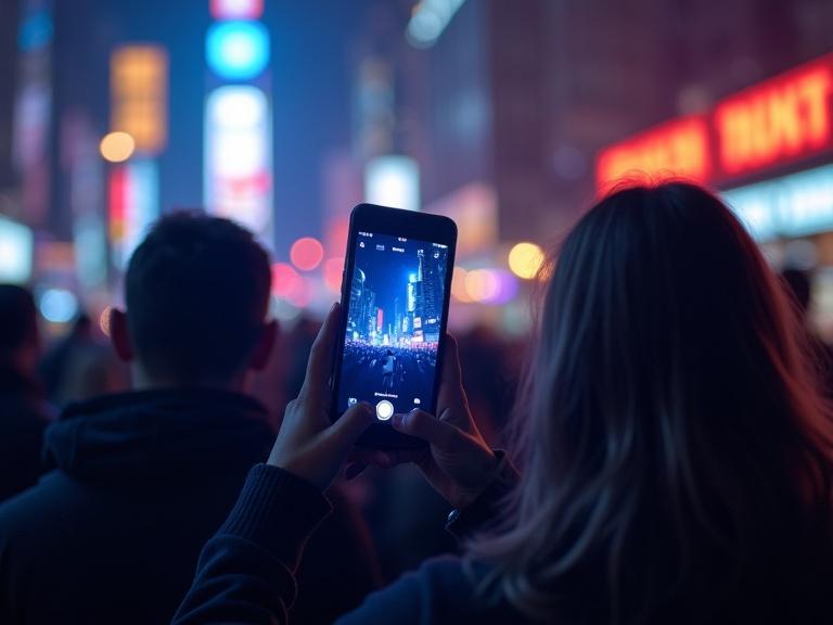 A group of young people looking at their phones in a bustling city. The phones display blue Facebook branding. The scene is vibrant and lively, capturing the essence of urban nightlife.