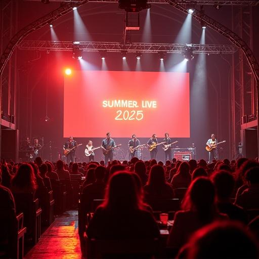 Live music club with stage named 'SUMMER LIVE 2025' during summer sunset.