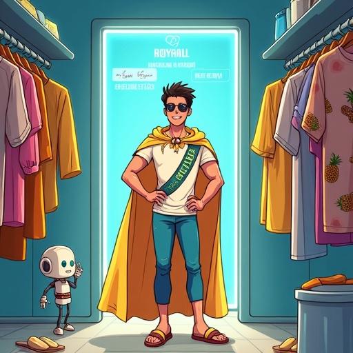 Inside sleek automated closet. Overloaded with beach outfits. Character Jin in seashell crown and cape. Confident pose with glowing mirror. Humorous dialogue about being Beach Prince.