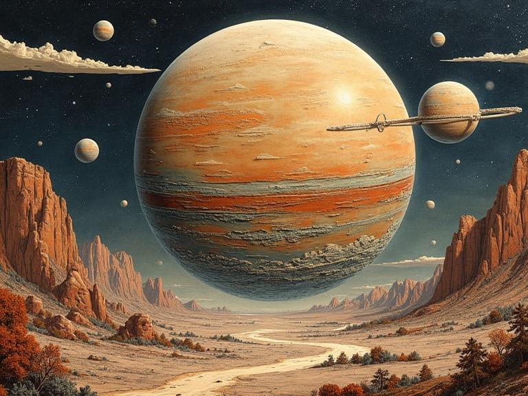 Detailed artwork of an alien planet with unique landscapes and otherworldly features. Show intricate scrimshaw carving depicting the planet. Include planets in the background with a stellar sky.