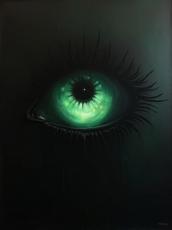 An extremely rough oil painting on a completely black background. A giant silhouette eye emerges from the top right corner of the page diagonally. The eye is filled with a cosmic void of Lovecraftian eerie faint green.