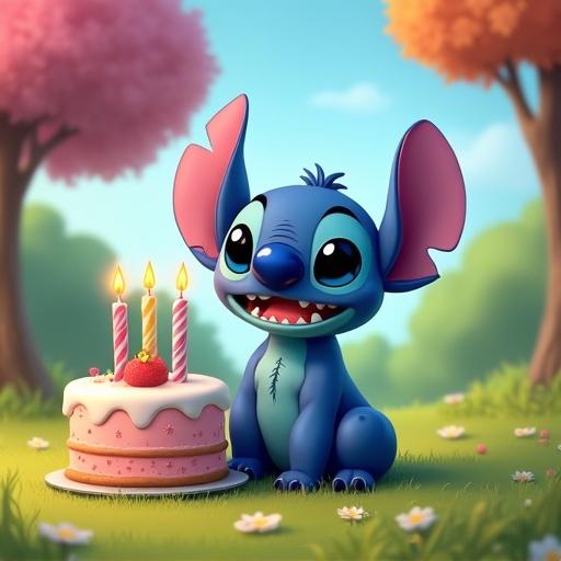 Stitch character in a colorful park setting with a birthday cake featuring five candles. Sky has written message: Skye is 5.