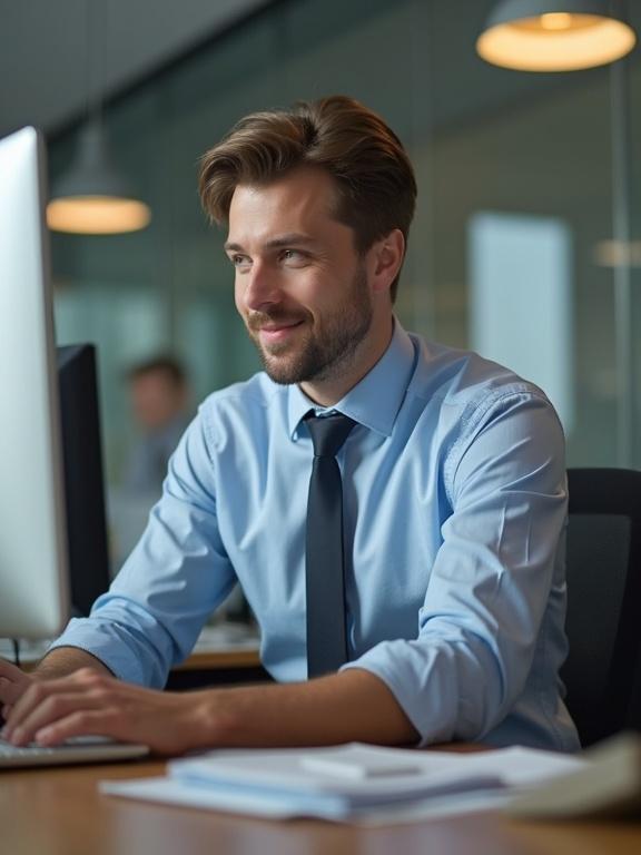 A man in business casual clothes works at a computer in an office setting. He is smiling while typing and appears engaged with his task. The office has a modern design with bright lighting.