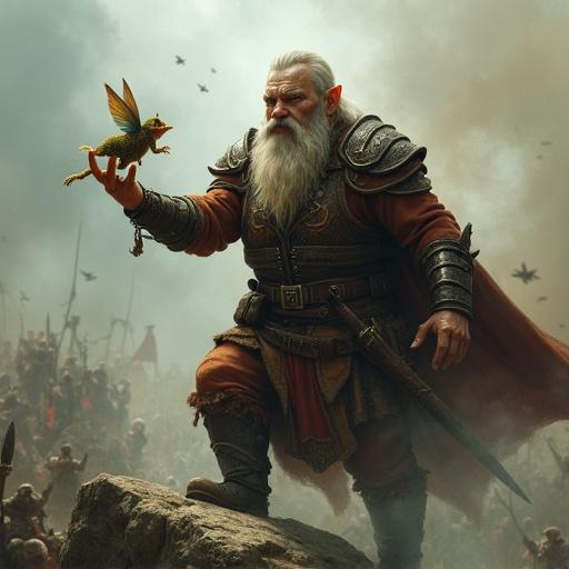 A warrior dwarf holds a pixie in his outstretched hand. Background filled with a smoky battle scene, warriors fighting in the distance. Dwarfs and magical creatures depicted. A sense of epic fantasy and adventure.