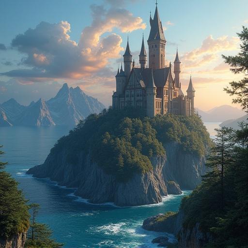 Majestic fantasy castle situated on a scenic hill surrounded by mountains under a clear blue sky. Sunset colors reflecting on water with a cinematic style. Nature encompasses wooden huts, coastal views, and forested areas.