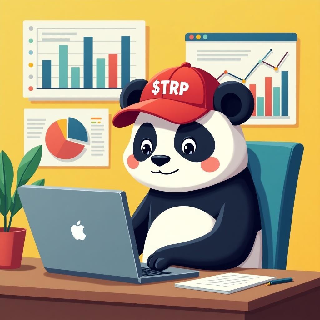 A cute panda wearing a red baseball cap studies data at a desk. The panda types on a laptop. Business charts and graphs surround the panda. The setting features bright colors. The panda appears focused and engaged on the task.