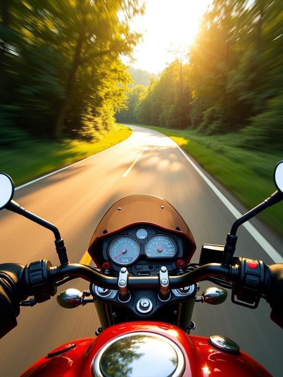 Dynamic viewpoint from a motorcycle rider emphasizing handlebars and dashboard. Winding road with lush green trees creates sense of speed. Warm lighting suggests early morning or late afternoon. Composition balances motorcycle details with expansive roadway ahead. Slightly blurred background to imply motion, bike cockpit in sharp focus. Realistic style with vibrant colors appealing to thrill-seekers.