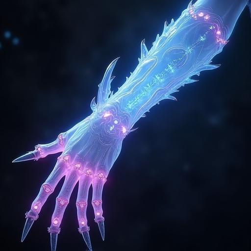 Detailed female white arm inspired by Devil May Cry. Unique design features a semi-transparent look. Glowing segments pulse with vibrant hues like electric blue and violet. Ethereal, magical appearance highlighted by dark background. Sharp elegant claws with a faint glow.
