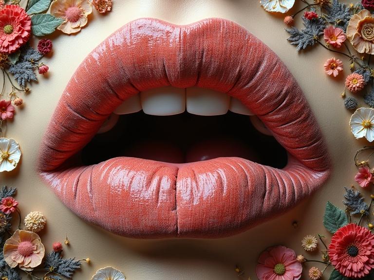 3D artwork featuring exotic labia. Mixed media includes fabric, dried flowers, lips, shells, threads, and encaustic wax. Detailed textures throughout the composition.