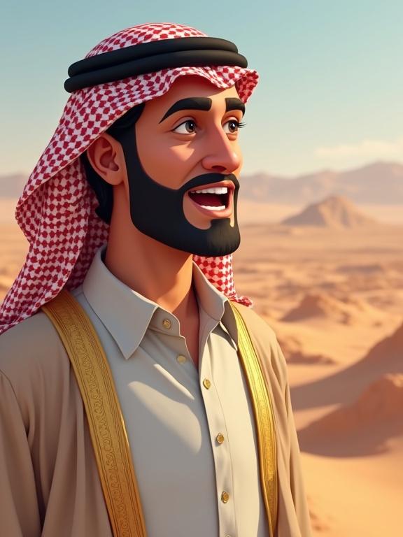 Illustration of an Arab man talking. Character appears to be around 40 years old. The man faces the camera with a cheerful demeanor. The image features a 2D cartoon style in a desert setting.