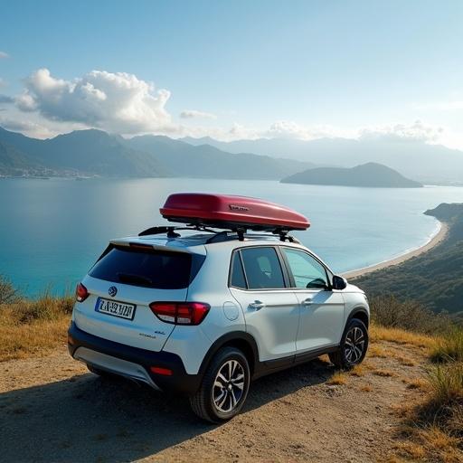Wide shot photograph of a car with a roof box at a picturesque viewpoint in a serene location