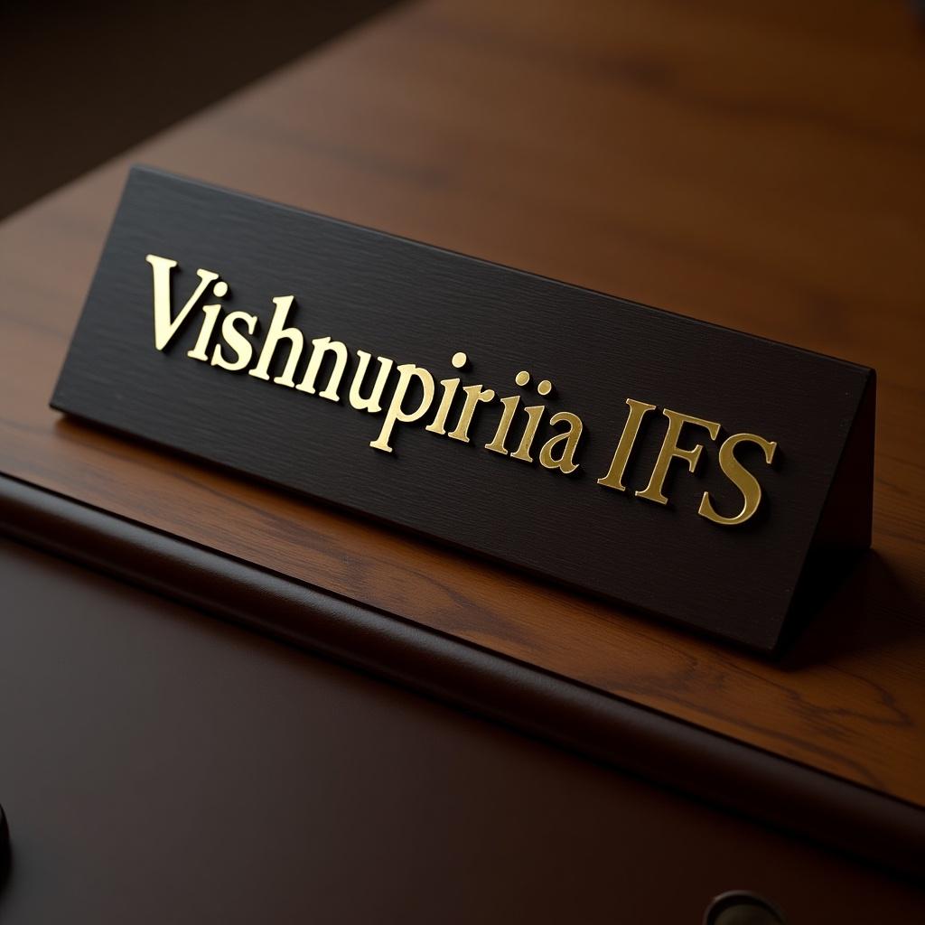 Close-up of a nameplate on a desk that reads 'Vishnupriya IFS'. Gold letters on a wooden background. Nameplate signifies an IFS officer.