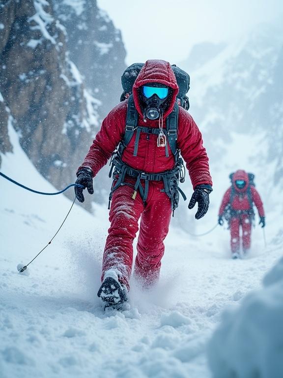 Hyper-realistic digital artwork of a mountaineer in a snowstorm on a high-altitude ascent. Climber in bulky red suit faces harsh conditions, wearing a backpack and equipment. Determined expression with equipment obscuring face. Deep snow and jagged peaks surround, showing teamwork as other climbers follow. Cold, dramatic atmosphere with swirling snowflakes. Cinematic style highlighting endurance against nature.
