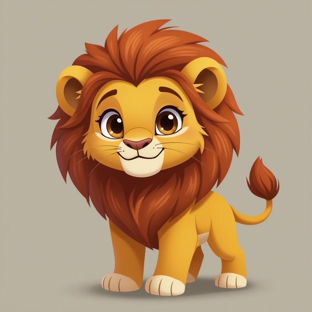 Create a character image of a cute lion for a virtual pet game. The lion should be friendly with a big smile. Use bright colors and cartoonish style. Focus on the lion's face and fluffy mane. Make it appealing for children.