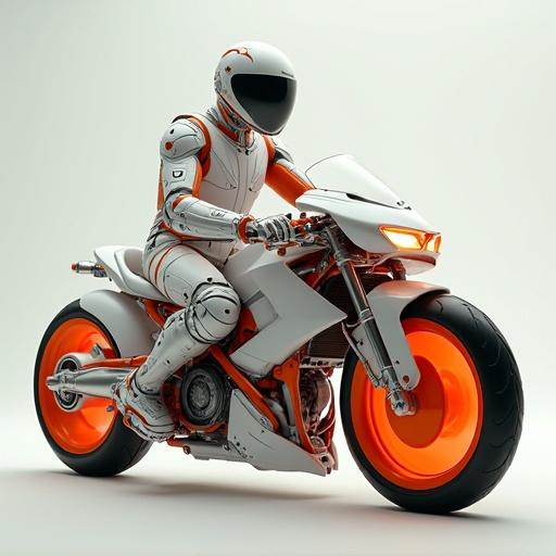 Elite warrior from the Silla Dynasty rides a futuristic motorbike. Characters are visually striking and powerful. Aesthetic and technology unite. Fusion of white orange sharp cybernetic textures shows purity intensity mechanical precision as proof of Korean evolution.