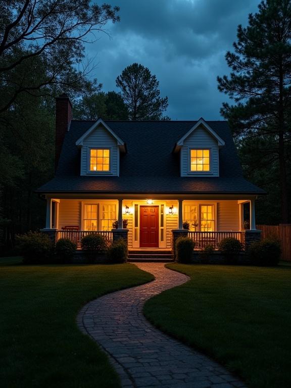 Cozy home seen from outside during nighttime. Warm lights glow from the windows. House presents security and comfort. Surrounded by nature with a walkway leading up.