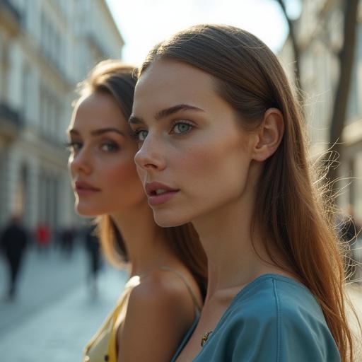 Two beautiful women walk through the city. They have humanoid features with subtle alien traits. Their skin tones are unusual. Their hair is long and elegant. Their eyes show real colors. They wear form-fitting clothing. The atmosphere is calm and harmonious.